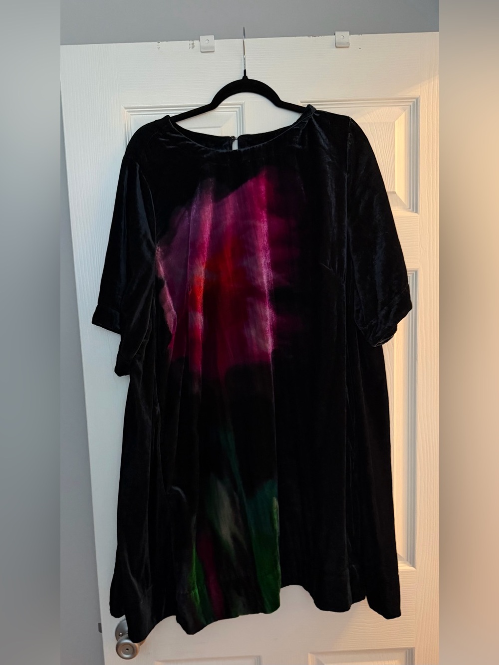Maeve Black Velvet Dress with Pink and Green Abstract Accent - Picture 1 of 6